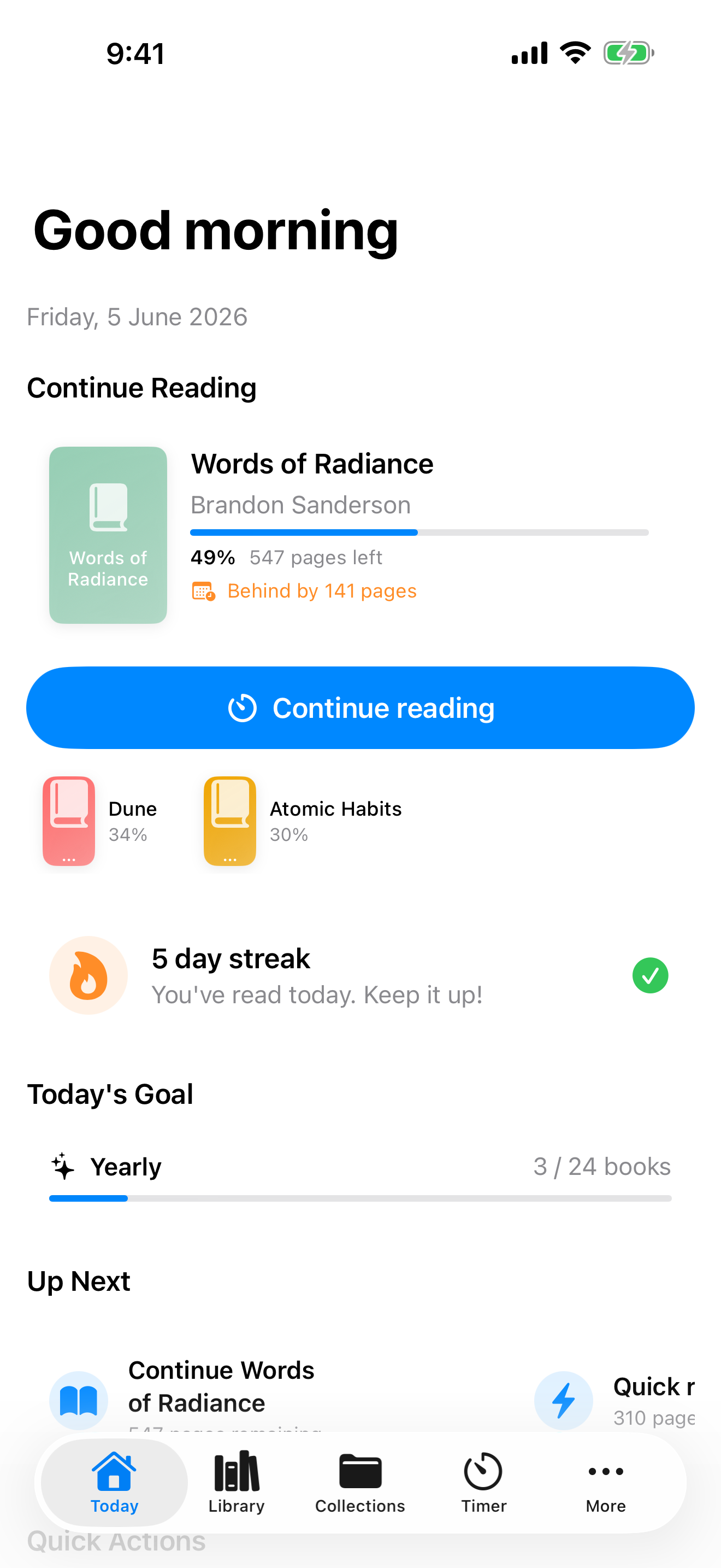 The Folio Today dashboard showing the current book, reading pace, and streak